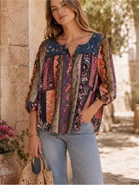 Anthropologie Multicolor Patchwork Crochet-Yoke Peasant Top
